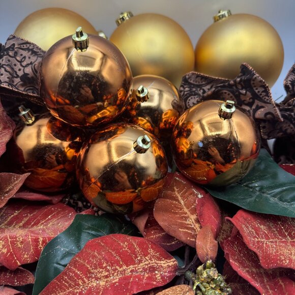 Gold & Copper Christmas Ornament Set With Poinsettias & Brown Patterned Ribbon - Picture 3 of 6